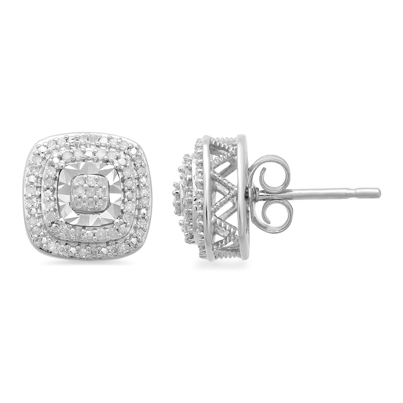 Jewelili Stud Earrings with Double Halo Diamonds in Sterling Silver 1/4 CTTW View 4