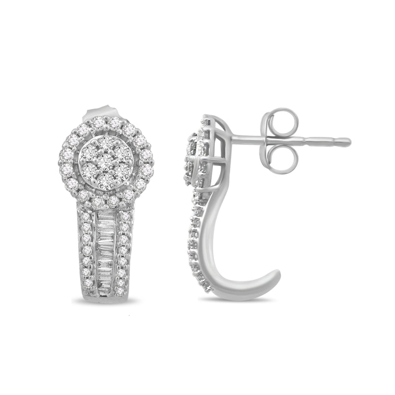 Jewelili 10K White Gold With 1/2 CTTW Round and Baguette White Diamonds Earrings