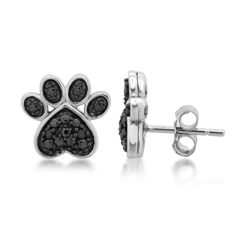 Jewelili Paw Stud Earrings with Treated Black Diamond Accent in Sterling Silver View 5