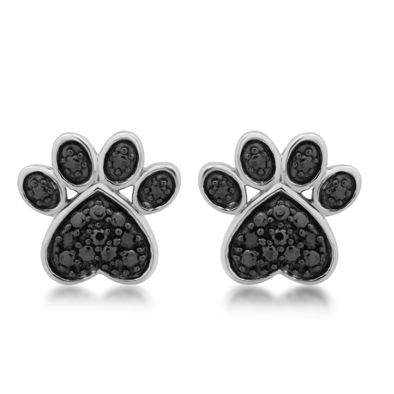 Jewelili Paw Stud Earrings with Treated Black Diamond Accent in Sterling Silver View 4