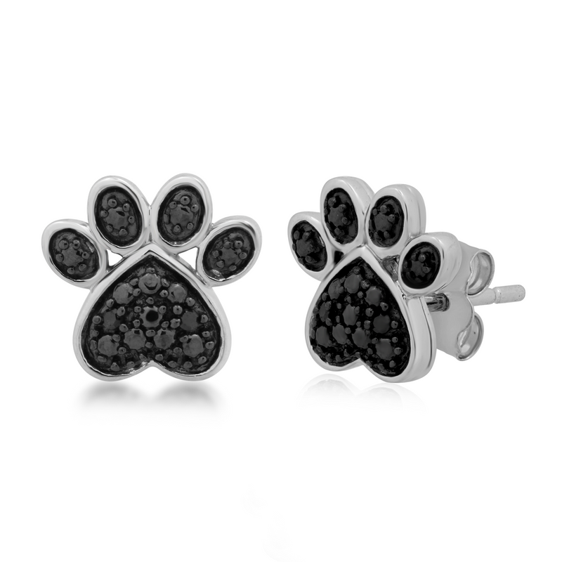 Jewelili Paw Stud Earrings with Treated Black Diamond Accent in Sterling Silver View 1