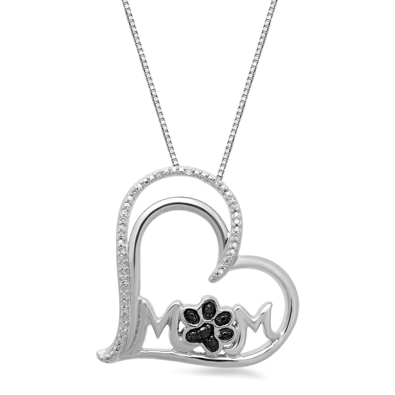 Jewelili Sterling Silver with Treated Black and White Diamonds Tilted Mom Cut Out Paw Heart Pendant Necklace