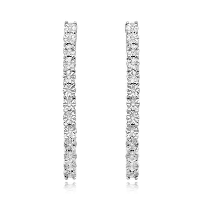 Jewelili 10K Yellow Gold With Natural White Round Diamonds Hoop Earrings