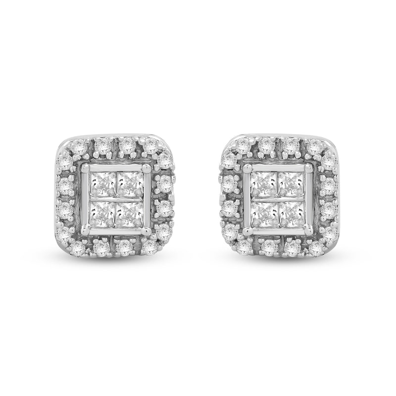 Jewelili 10K White Gold With 1/4 CTTW Natural White Diamond Halo Stud Earring