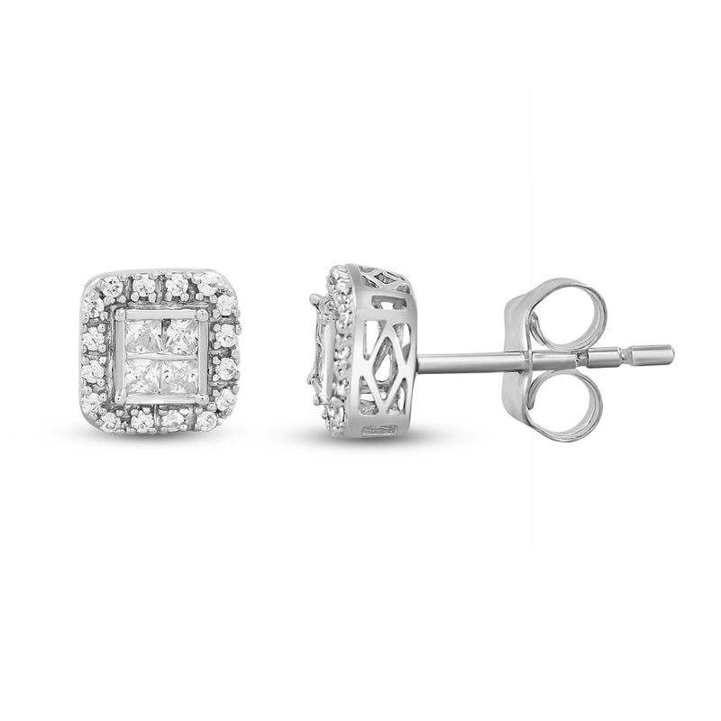 Jewelili 10K White Gold With 1/4 CTTW Natural White Diamond Halo Stud Earring