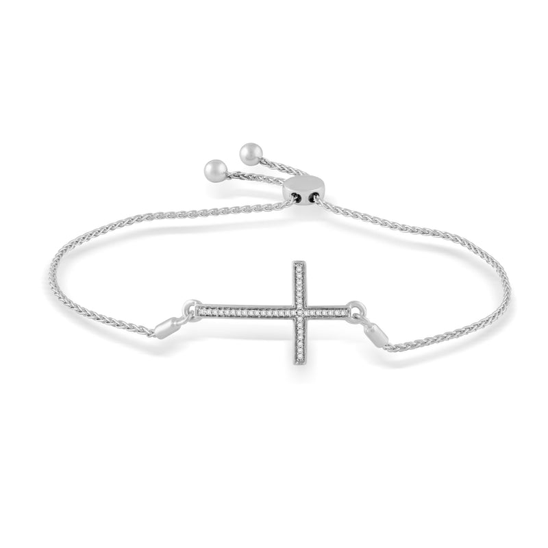 Jewelili Cross Bolo Bracelet with Natural White Diamonds in Sterling Silver 1/10 CTTW View 1
