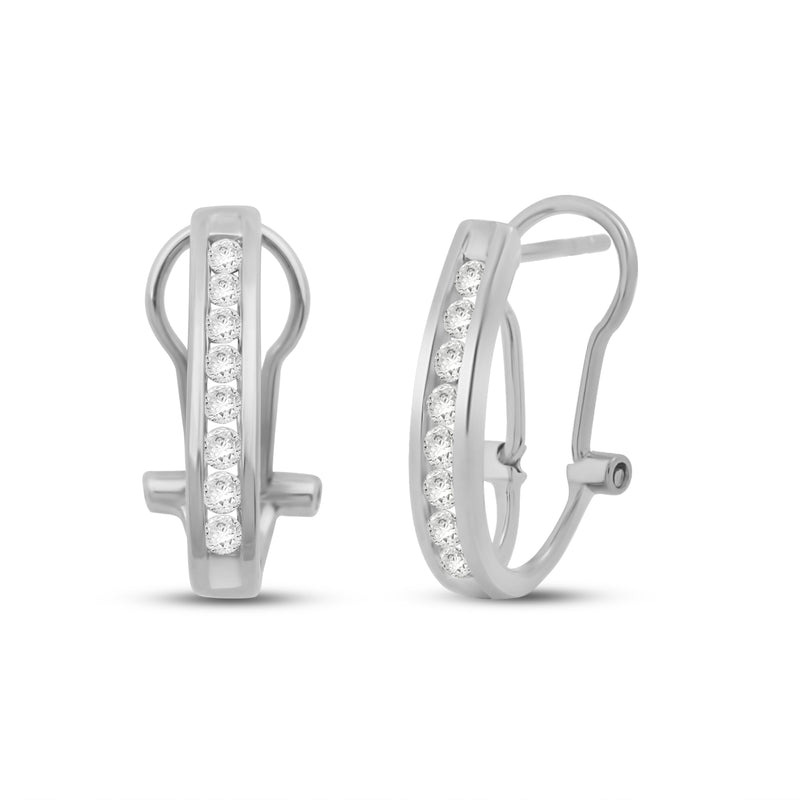 Jewelili Hoop Earrings with Natural Round White Diamonds Omega Back in 10K White Gold 1/2 CTTW