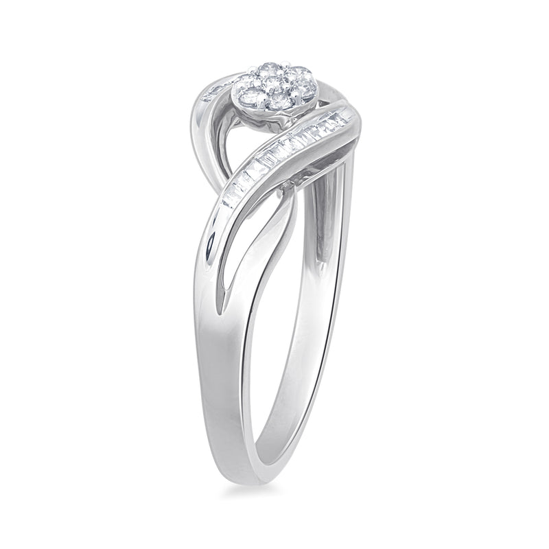Jewelili Ring with Natural White Baguette and Round Shape Diamonds in 10K White Gold 1/6 CTTW View 4