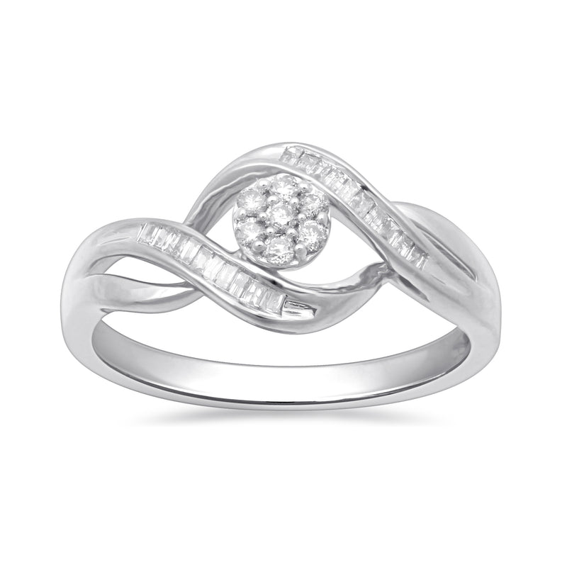Jewelili Ring with Natural White Baguette and Round Shape Diamonds in 10K White Gold 1/6 CTTW View 1