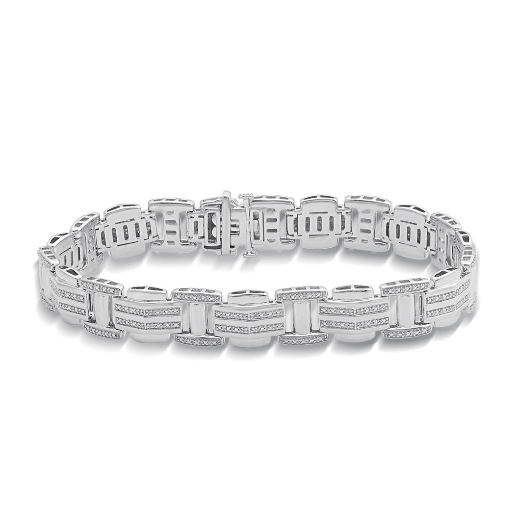 Jewelili Men's Link Bracelet with Natural White Round Diamonds in Sterling Silver 1/2 CTTW 8.5