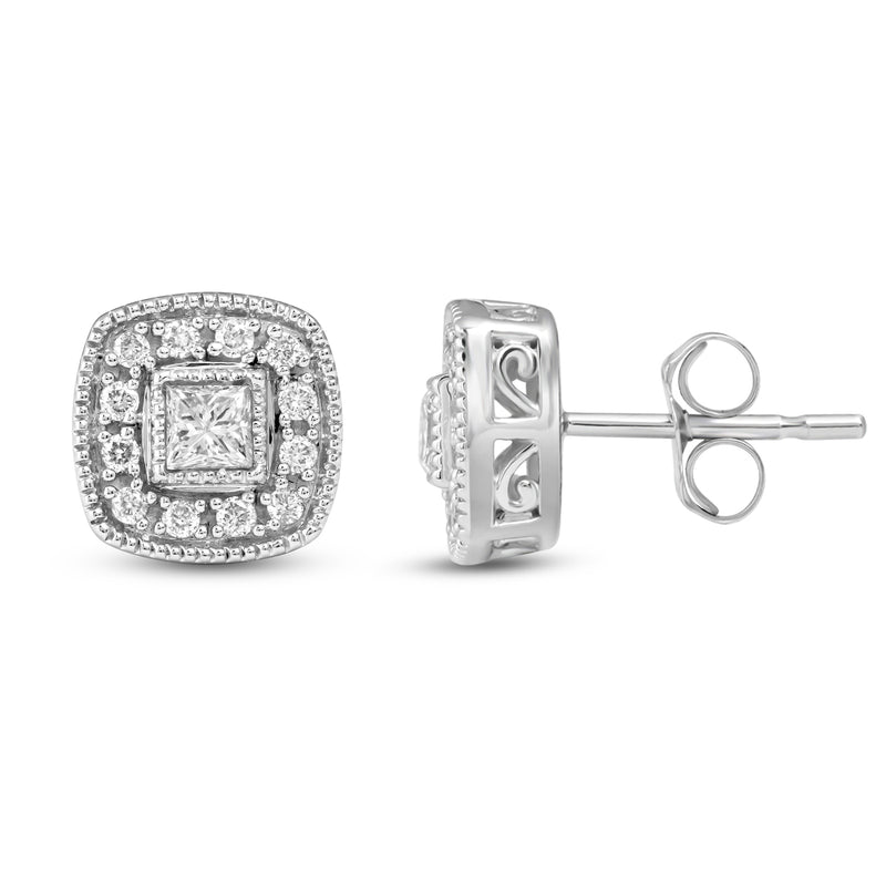 Jewelili Stud Earrings with Natural White Diamond in 14K White Gold 1/3 CTTW View 3