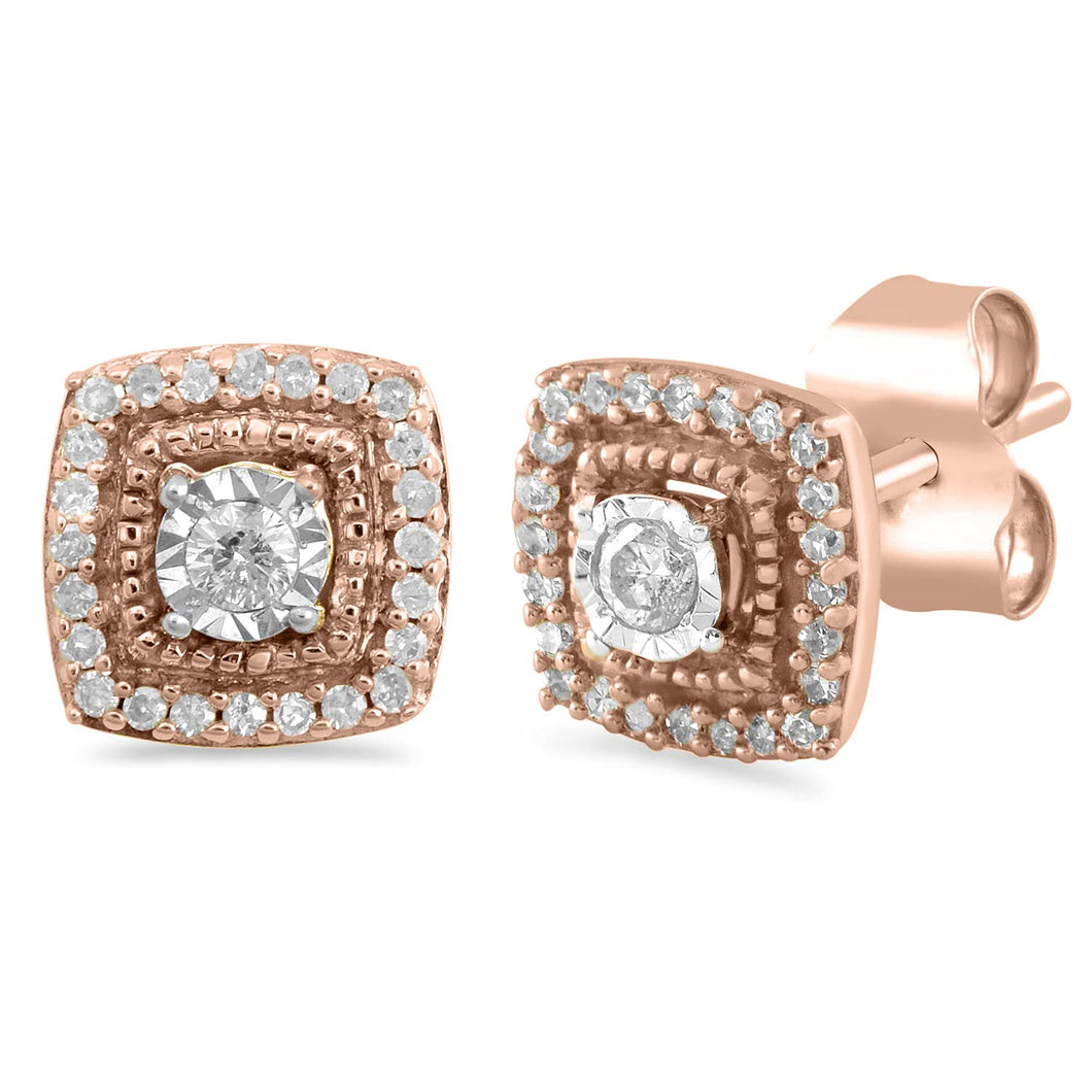 Jewelili 10K Rose Gold With 1/6 CTTW Natural White Diamond Stud Earrings