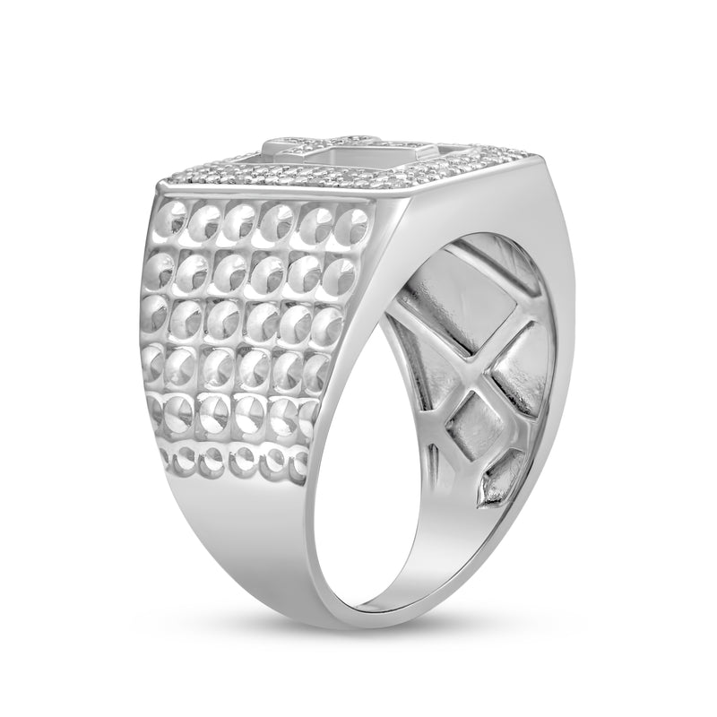 Jewelili Cross Texture Men's Ring with Natural White Round Diamonds in Sterling Silver 1/10 CTTW View 4