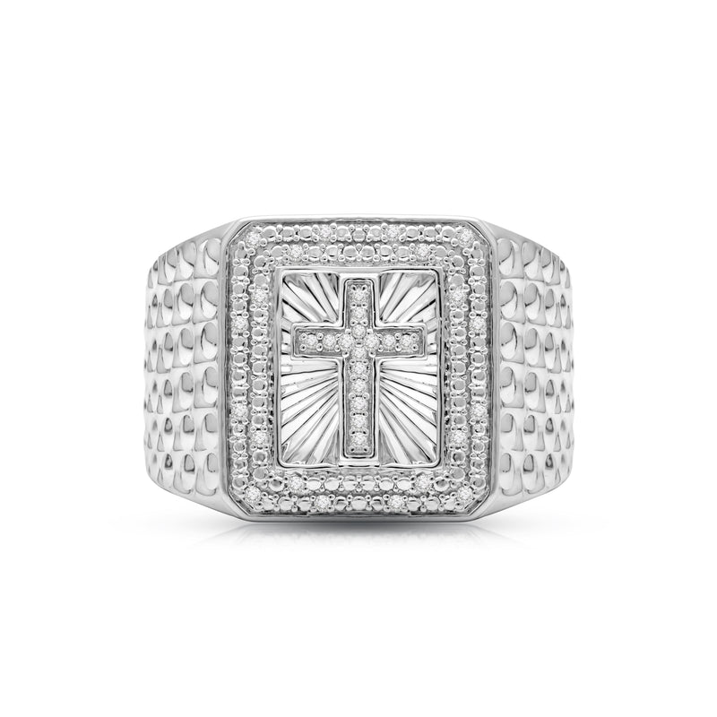 Jewelili Cross Texture Men's Ring with Natural White Round Diamonds in Sterling Silver 1/10 CTTW View 3