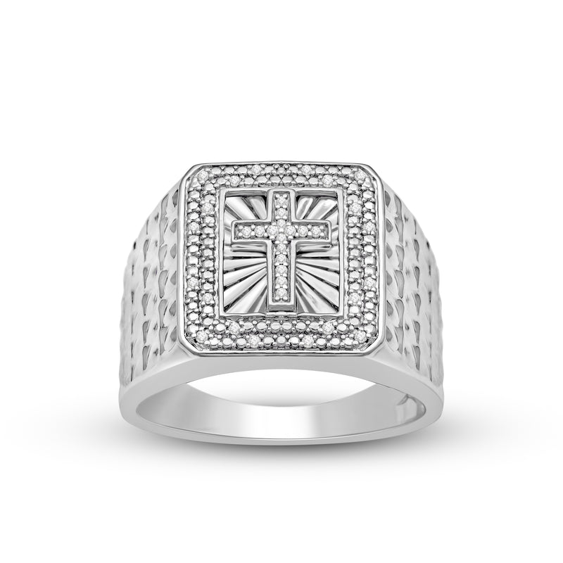 Jewelili Cross Texture Men's Ring with Natural White Round Diamonds in Sterling Silver 1/10 CTTW View 1
