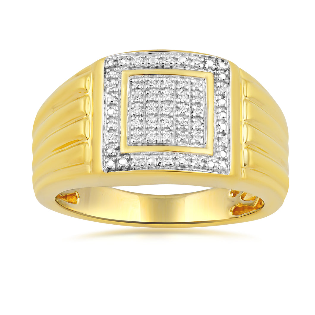 Jewelili Men's Ring with Natural Round Diamonds in Yellow Gold over Sterling Silver 1/10 CTTW View 1