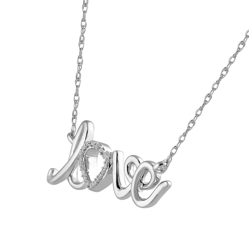 Jewelili Sterling Silver With 1/10 Cttw Natural White Diamonds Love Charm Pendant Necklace