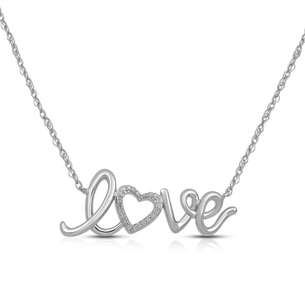 Jewelili Sterling Silver With 1/10 Cttw Natural White Diamonds Love Charm Pendant Necklace