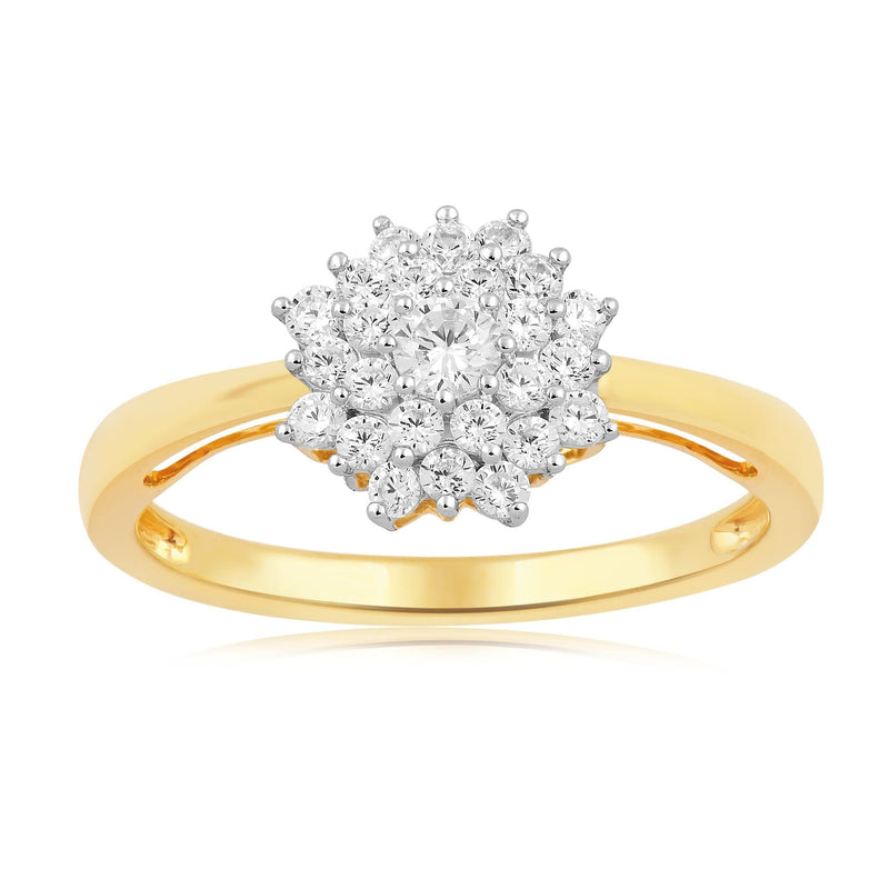 Jewelili Ring with White Diamonds Cluster in 10K Yellow Gold 1/2 CTTW View 1