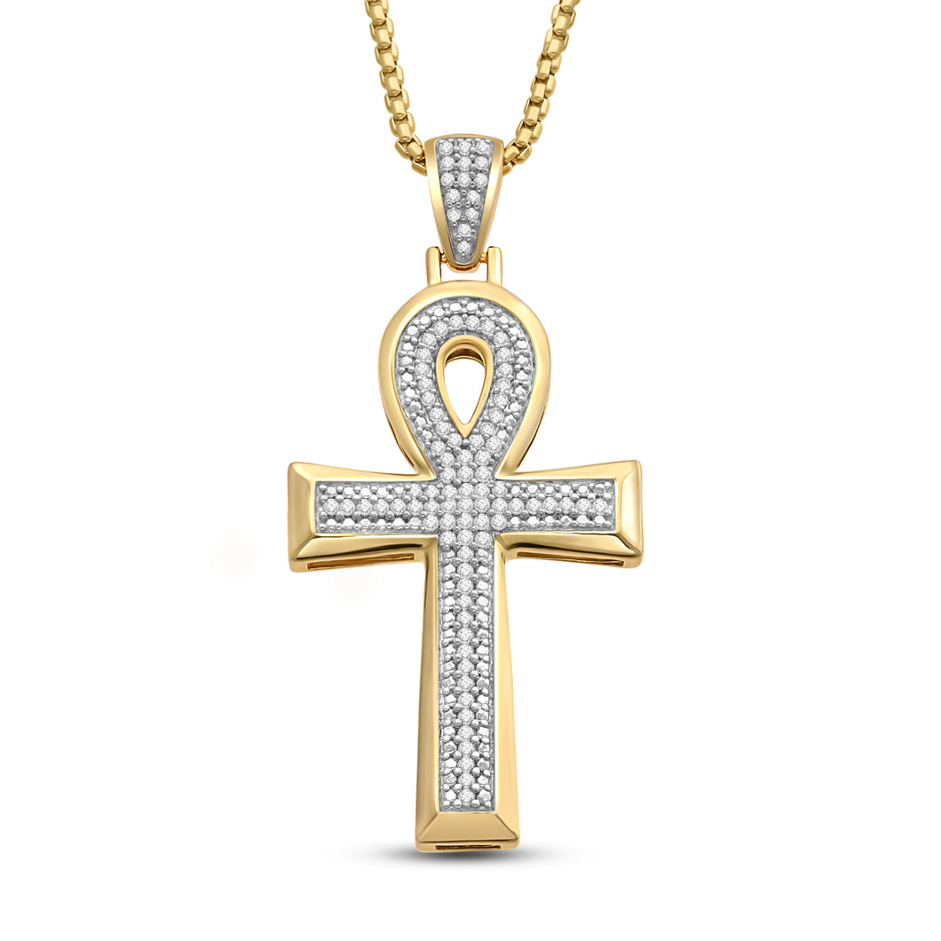 Jewelili 14K Yellow Gold over Sterling Silver With 1/2 CTTW Natural White Round Diamonds Cross Men's Pendant Necklace