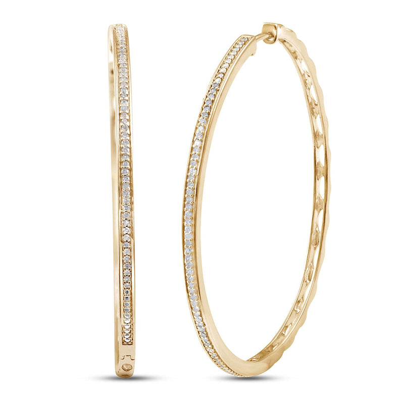 Jewelili Hoop Earrings with Natural White Diamond in Yellow Gold over Sterling Silver With 1/4 CTTW