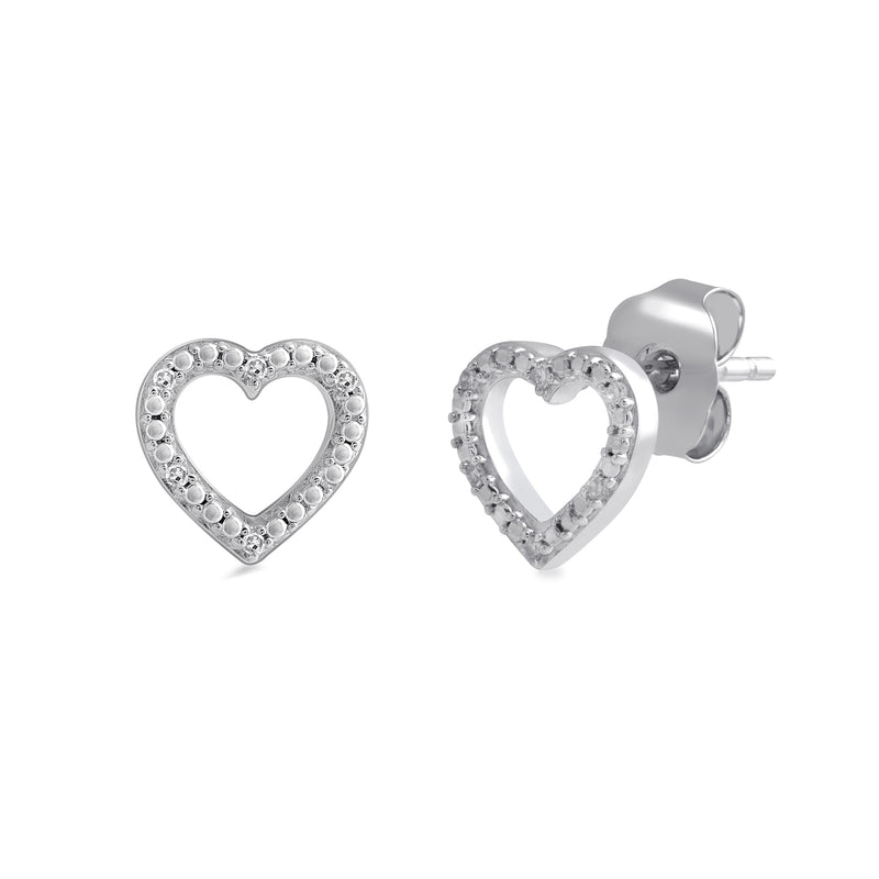 Jewelili Sterling Silver With White Round Diamonds Heart Shape Stud Earrings