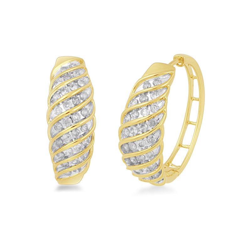 Jewelili Hoop Earrings with Natural White Round Diamonds in Yellow Gold over Sterling Silver 1 CTTW 