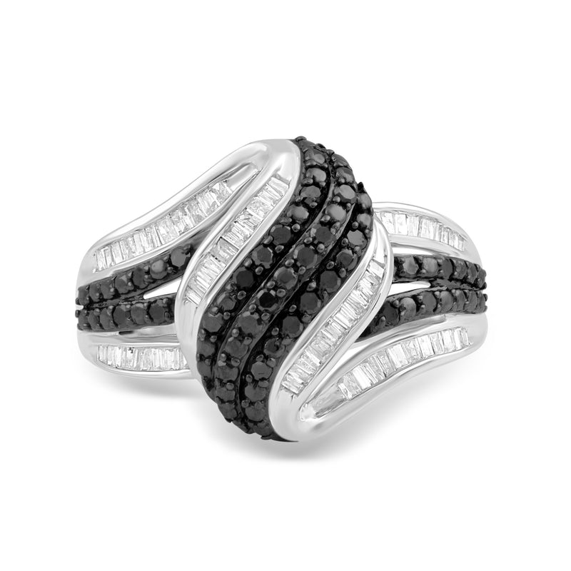 Jewelili Ring with Round Black and White Baguette Diamonds in Sterling Silver 1/2 CTTW View 1