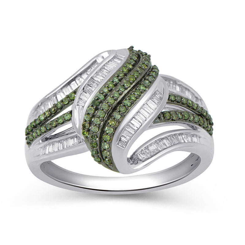 Jewelili Ring with Green and White Diamonds in Sterling Silver 1/2 CTTW View 2