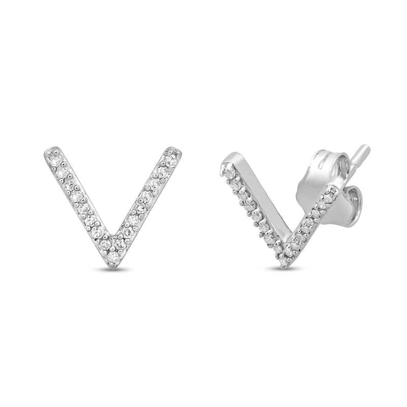 Jewelili V Shape Stud Earrings with Natural White Diamond in Sterling Silver 1/10 View 1