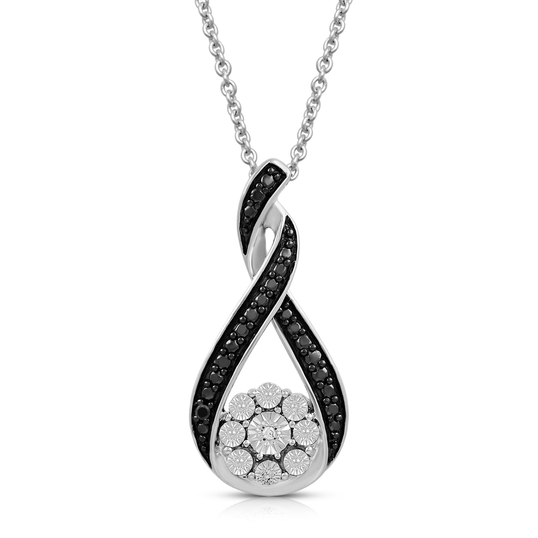 Jewelili Sterling Silver With Treated Black Diamonds and White Diamonds Twisted Pendant Necklace