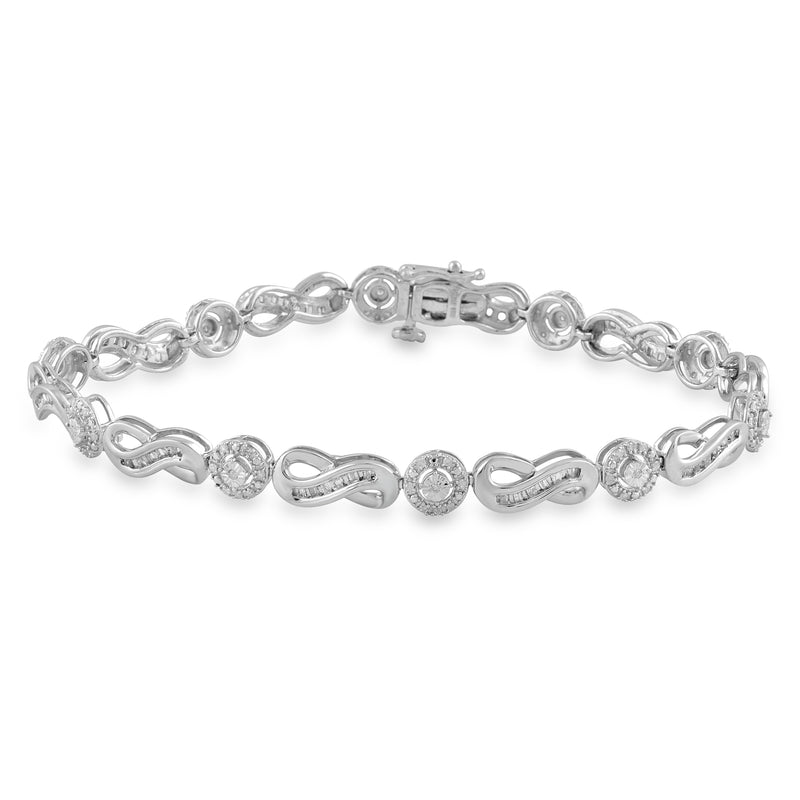 Jewelili Link Bracelet in Sterling Silver with Natural White Round and Baguette Diamonds 1/2 CTTW View 1