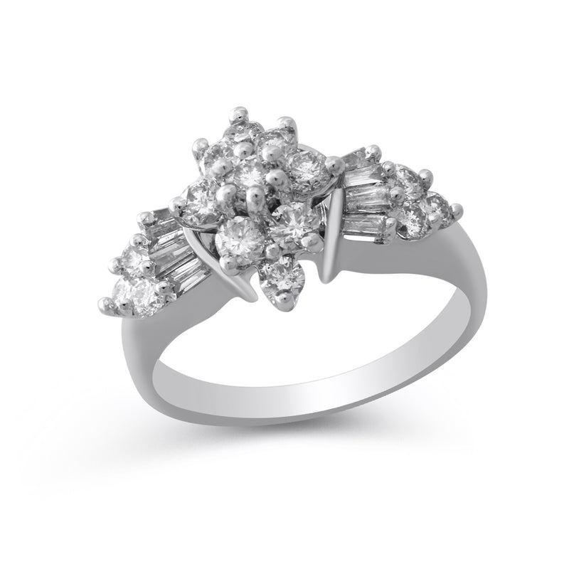 Jewelili Engagement Ring with Round and Baguette White Diamonds Cluster in 10K White Gold 1 CTTW View 1