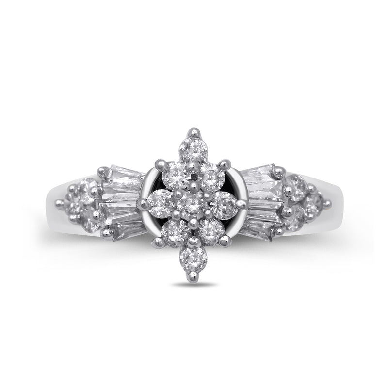 Jewelili Engagement Ring with Round and Baguette White Diamonds Cluster in 10K White Gold 1 CTTW View 2