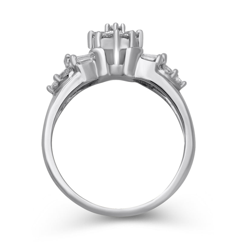 Jewelili Engagement Ring with Round and Baguette White Diamonds Cluster in 10K White Gold 1 CTTW View 3