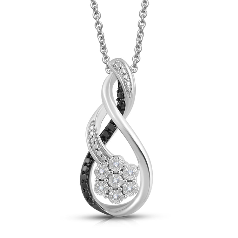 Jewelili Twisted Pendant Necklace with Treated Black and Natural White Round Diamonds in Sterling Silver 