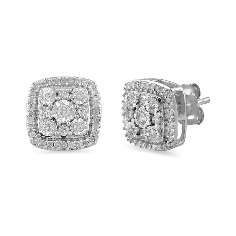 Jewelili Sterling Silver With 1/4 CTTW White Diamonds Square Shape Stud Earrings