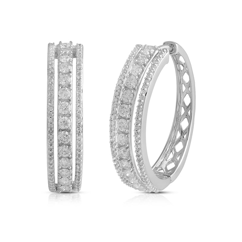 Jewelili Hoop Earrings with Natural White Round Diamonds in 14K White Gold 1 CTTW