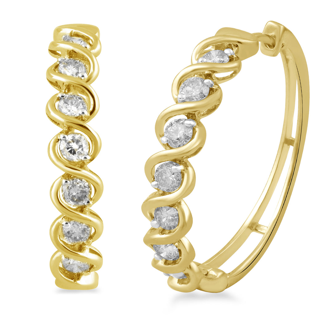 Jewelili Hoop Earrings with Natural White Round Diamonds in 10K Yellow Gold 1 CTTW 
