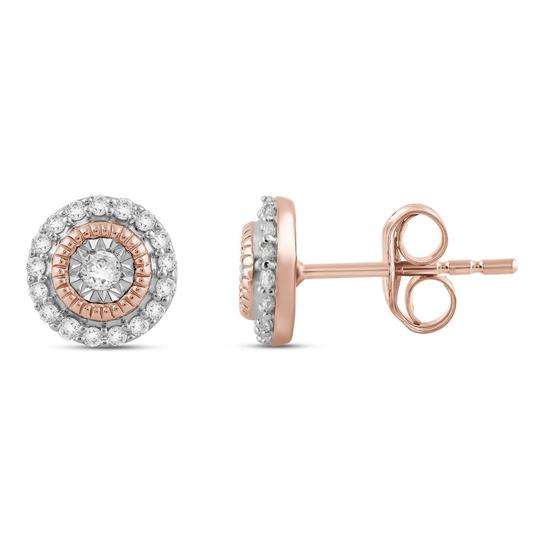 Jewelili 14K Rose Gold Over Sterling Silver with 1/4 CTTW White Diamonds Round Shape Stud Earrings
