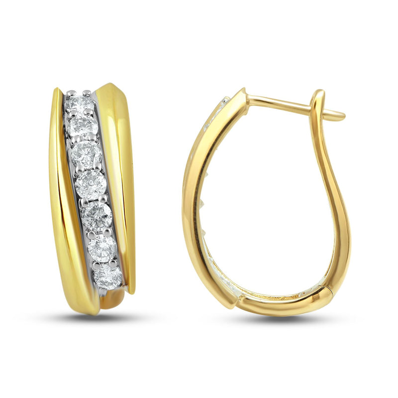 Jewelili 10K Yellow Gold With 1.00 CTTW Natural White Diamond Hoop Earrings