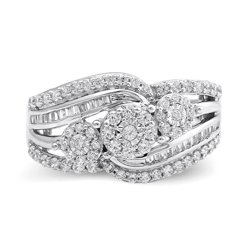 Jewelili Cluster Ring with Baguette and Round Natural White Diamonds in 10K White Gold 1/3 CTTW View 1