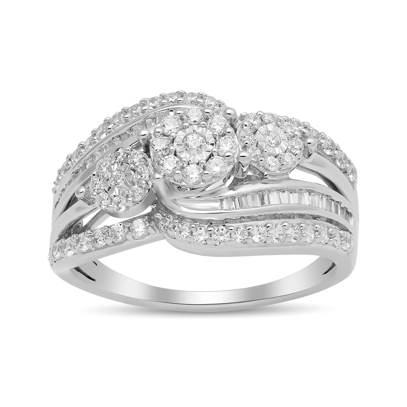 Jewelili Cluster Ring with Baguette and Round Natural White Diamonds in 10K White Gold 1/3 CTTW View 2