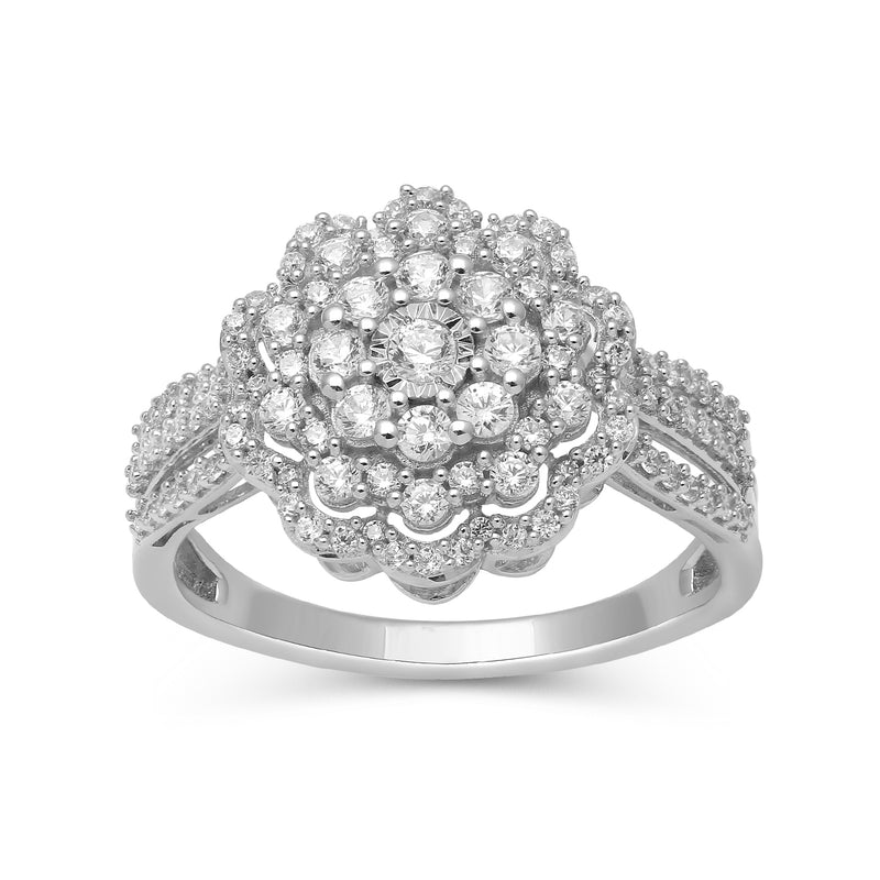 Jewelili 10K White Gold with 3/4 Cttw Natural White Round Diamonds Cluster Ring