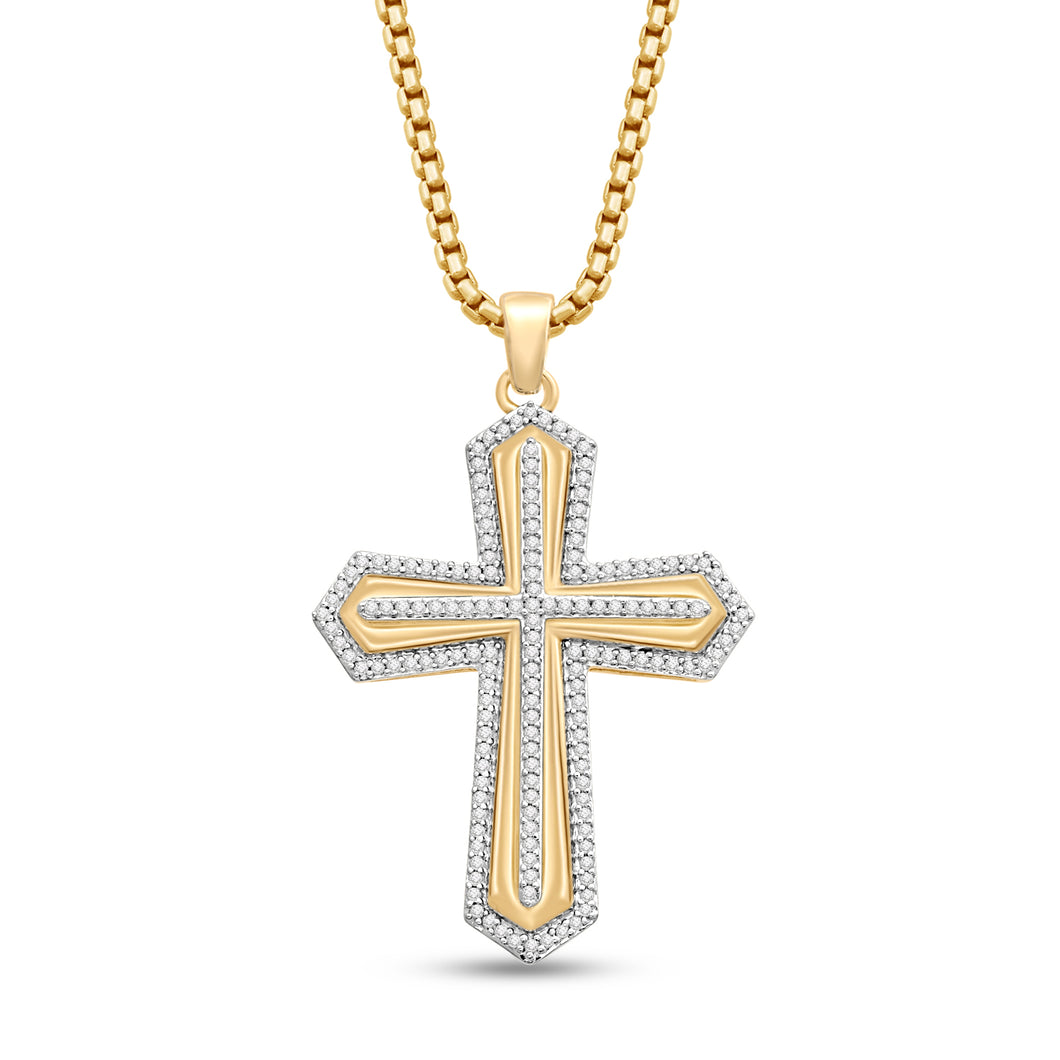 Jewelili 14K Yellow Gold Over Sterling Silver With 1/2 CTTW Natural White Round Diamonds Cross Men's Pendant Necklace