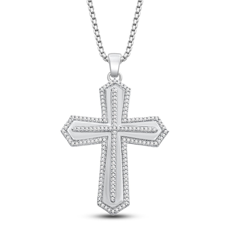 Jewelili Sterling Silver With 1/2 CTTW Natural White Round Diamonds Cross Men's Pendant Necklace