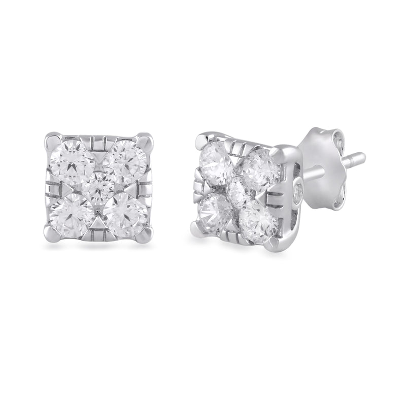 Jewelili 10K White Gold With 1.0 CTTW Natural White Round Diamonds Stud Earrings
