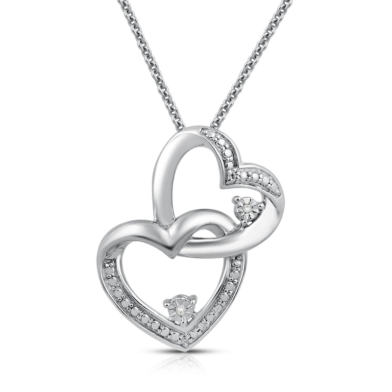 Jewelili Sterling Silver With Diamonds Intertwined Double Heart Pendant Necklace