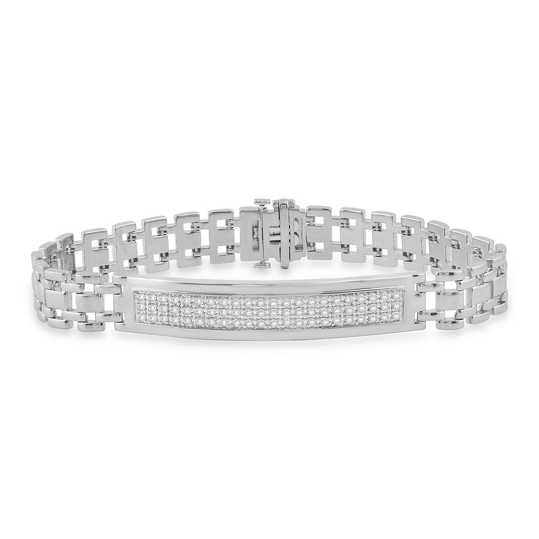 Jewelili Men's Link Bracelet in Sterling Silver with Natural White Diamonds 1.0 CTTW View 1