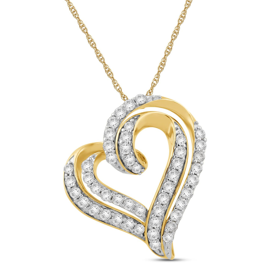 Jewelili 10K Yellow Gold with 1.0 CTTW Natural White Round Diamonds Heart Pendant Necklace